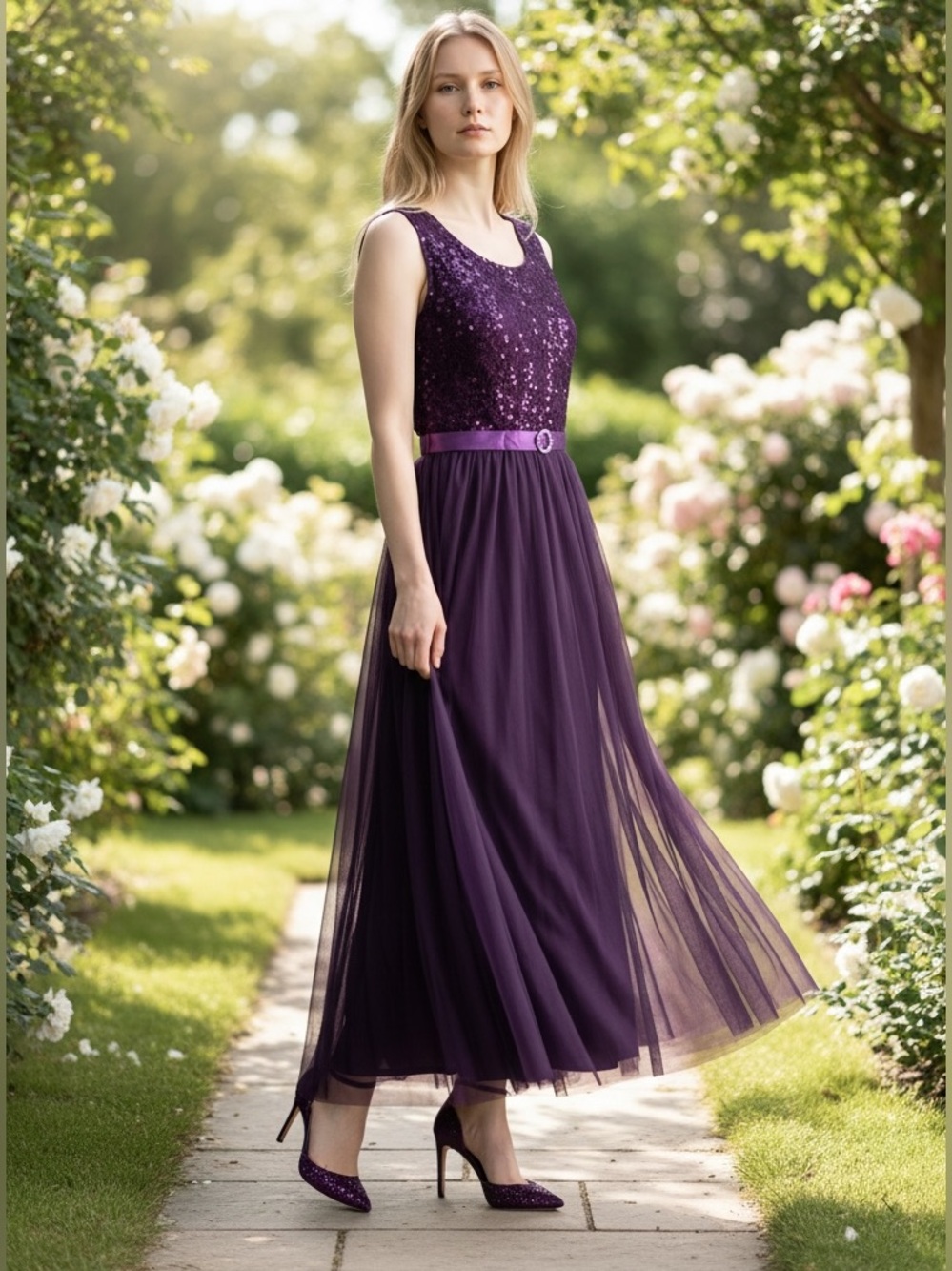 Sequin Bodice Purple Maxi Dress Satin Belt and lace prom party graduation 1X